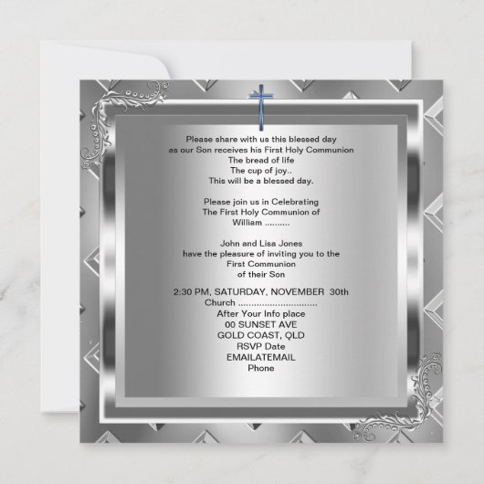 ボーイファースト聖体拝領シルバーブ王室のルー6 招待状 (裏面)