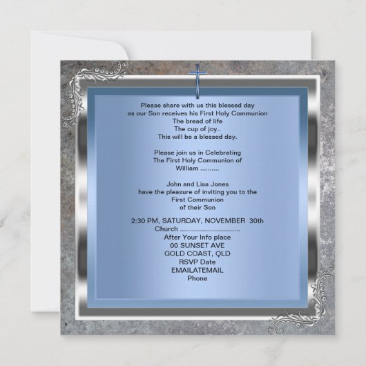 ボーイファースト聖体拝領シルバー王室のブルー4M 招待状 (裏面)