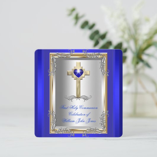 ボーイファースト聖体拝領シルバー王室の金ゴールドブルー2 招待状 (スタンド正面)