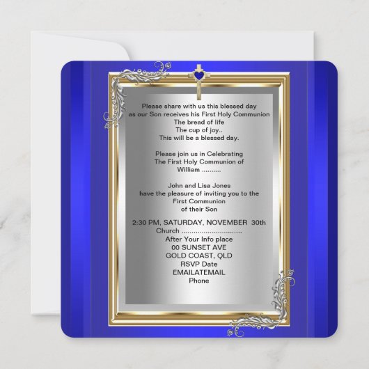 ボーイファースト聖体拝領シルバー王室の金ゴールドブルー2 招待状 (裏面)