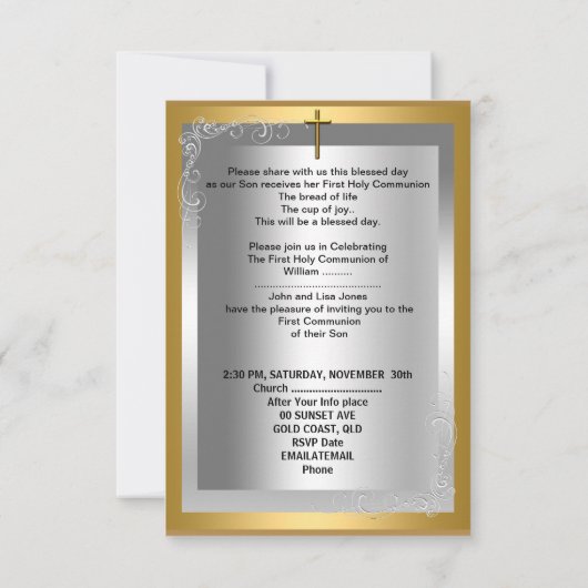 ボーイファースト聖体拝領シルバー金ゴールドクロス 招待状 (裏面)