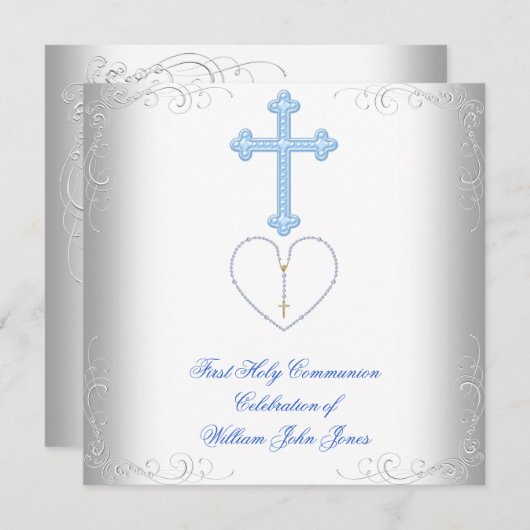ボーイファースト聖体拝領ホワイトブルー 招待状 (正面/裏面)