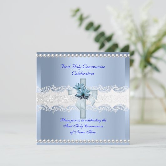 ボーイファースト聖体聖体ホワイトレースブルーパール2 招待状 (スタンド正面)