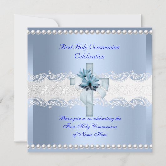 ボーイファースト聖体聖体ホワイトレースブルーパール2 招待状 (正面)