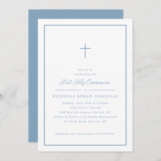 ボーイファースト聖餐式ブルークロスシンプルフレーム 招待状 (正面/裏面)