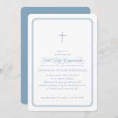 ボーイファースト聖餐式ブルークロスシンプルフレーム 招待状 (正面/裏面)