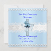 ボーイファースト聖餐式ホワイトレースブルーパール 招待状 (正面)