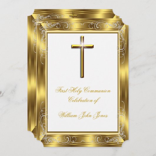 ボーイファースト聖餐式ホワイト金ゴールドクロス2 招待状 (正面/裏面)