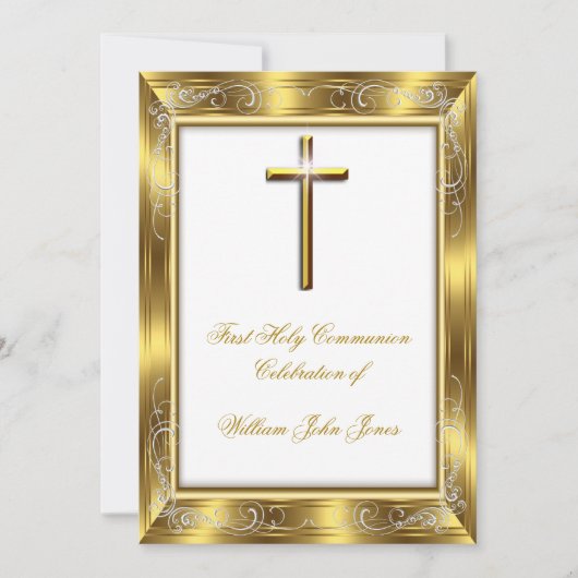 ボーイファースト聖餐式ホワイト金ゴールドクロス3 招待状 (正面)