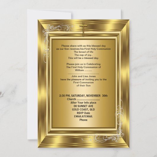 ボーイファースト聖餐式金ゴールド十字架 招待状 (裏面)