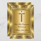 ボーイファースト聖餐式金ゴールド十字架 招待状 (正面/裏面)