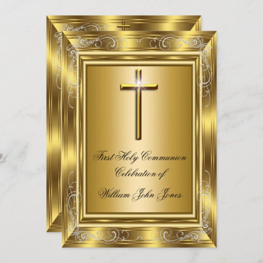 ボーイファースト聖餐式金ゴールド十字架 招待状 (正面/裏面)