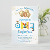 ボーイファースト誕生日おもしろいワン恐竜 招待状 (スタンド正面)