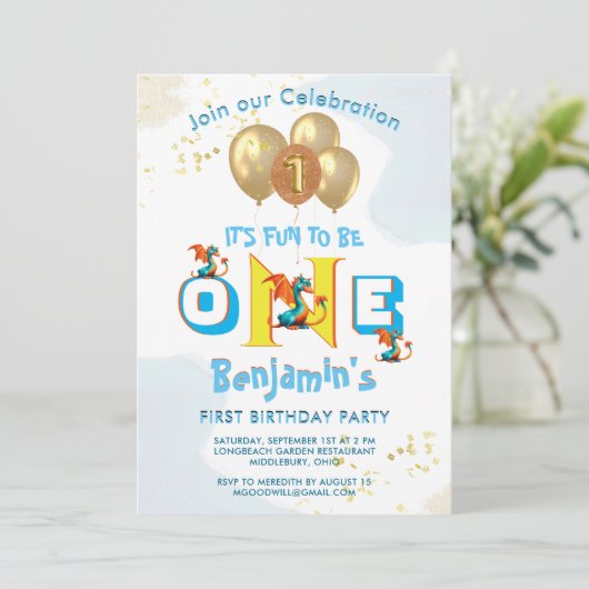 ボーイファースト誕生日おもしろいワン恐竜 招待状 (スタンド正面)