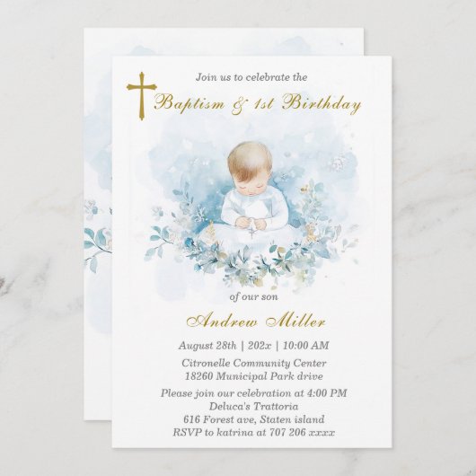 ボーイファースト誕生日と洗礼 招待状 (正面/裏面)