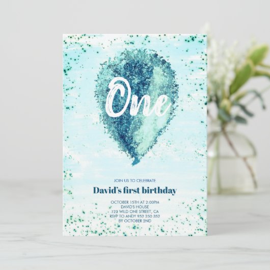 ボーイファースト誕生日グリッターブルーバルーン 招待状 (スタンド正面)