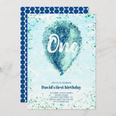 ボーイファースト誕生日グリッターブルーバルーン 招待状 (正面/裏面)