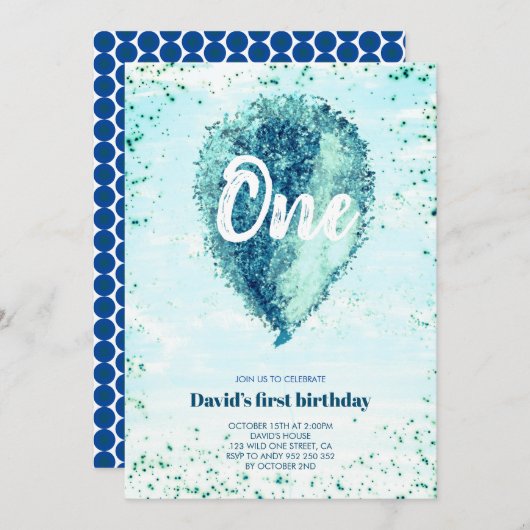 ボーイファースト誕生日グリッターブルーバルーン 招待状 (正面/裏面)