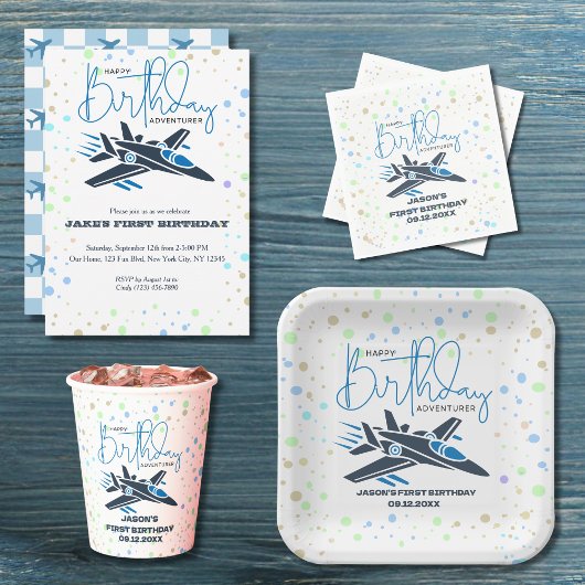 ボーイファースト誕生日ジェット戦闘機ブルーホワイト スタンダードランチョンナプキン