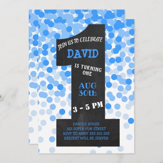 ボーイファースト誕生日モダンシャルボードブルー紙吹雪 招待状 (正面/裏面)
