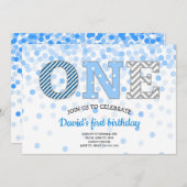 ボーイファースト誕生日ワン紙吹雪シェブロンブルーグレー 招待状 (正面/裏面)