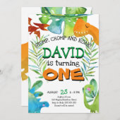 ボーイファースト誕生日恐竜1歳のパーティー 招待状 (正面/裏面)