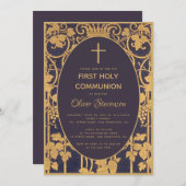 ボーイファースト金ゴールド青エレガントつる植物ブドウ 招待状 (正面/裏面)