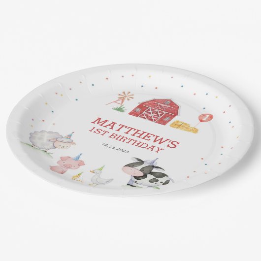ボーイファームアニマルズレッド誕生日 ペーパープレート (アングル)
