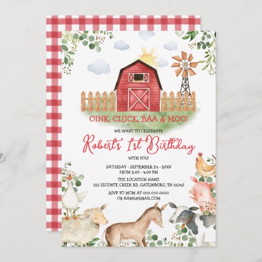 ボーイファームアニマルズ納屋周囲の庭レッドジンガム誕生日 招待状 (正面/裏面)