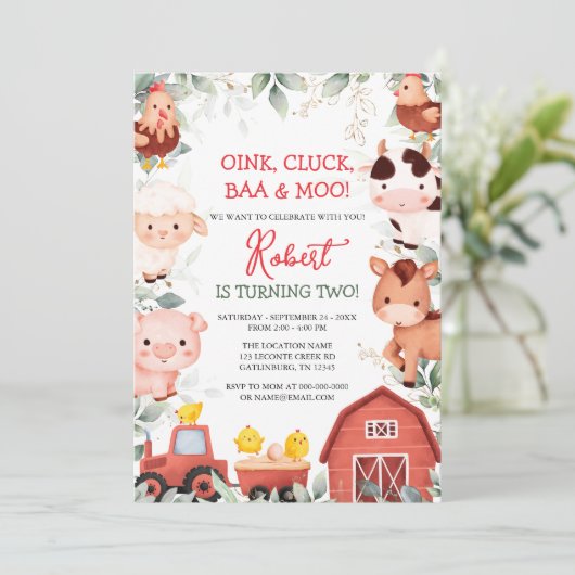 ボーイファームアニマルズ納屋周囲の庭誕生日招待状 招待状 (スタンド正面)