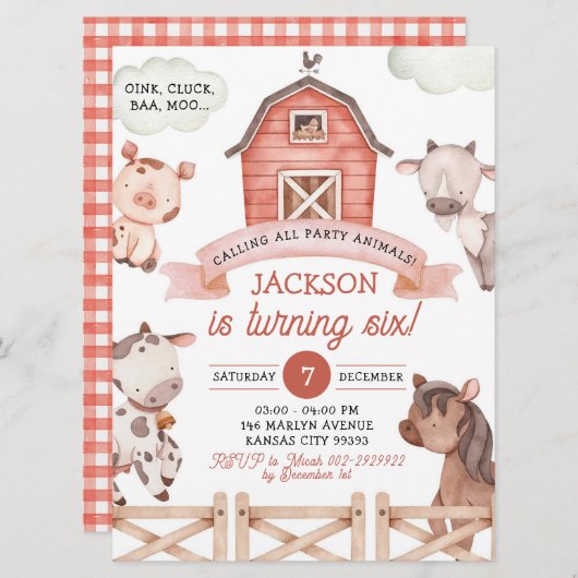 ボーイファームパーティー動物誕生日招待状 招待状 (正面/裏面)