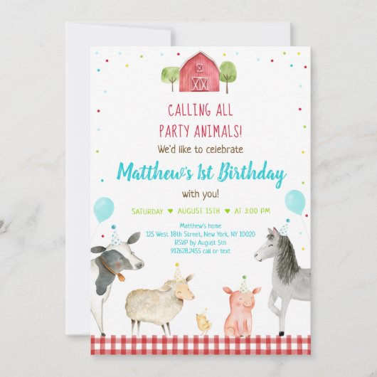 ボーイファームパーティー動物誕生日 招待状 (正面)