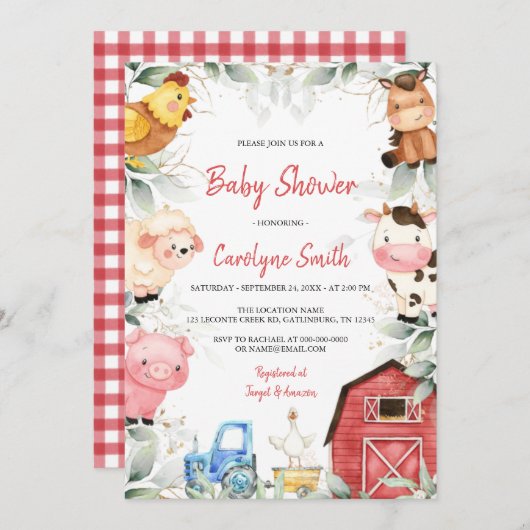 ボーイファーム動物納屋周囲の庭ベビーシャワー 招待状 (正面/裏面)