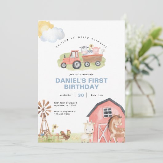 ボーイファーム動物納屋周囲の庭誕生日パーティー 招待状 (スタンド正面)