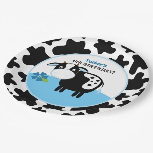 ボーイファーム牛誕生日紙プレート/任意の年齢 ペーパープレート (アングル)