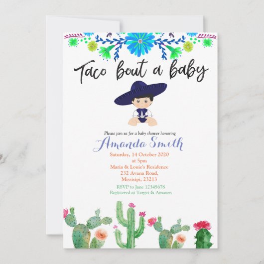 ボーイフィエスタサボテン赤ちゃんシャワー招待状ムチャチョ 招待状 (正面)