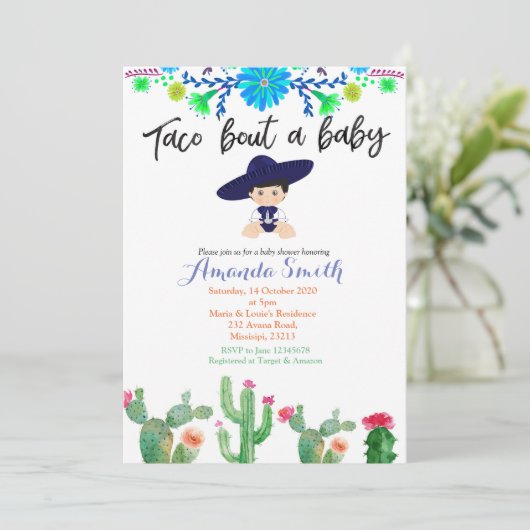 ボーイフィエスタサボテン赤ちゃんシャワー招待状ムチャチョ 招待状 (スタンド正面)