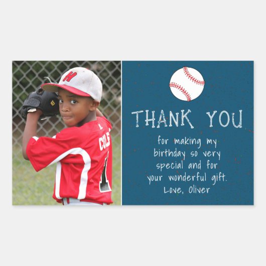 ボーイフォト野球ボールサンキュー誕生日 長方形シール (正面)