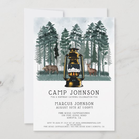 ボーイフォレストウッドランドキャンピングバースデーパーティー 招待状 (正面)