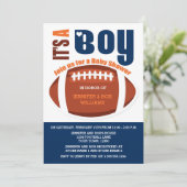 ボーイフットボールブルーオレンジのベビーシャワー 招待状 (スタンド正面)