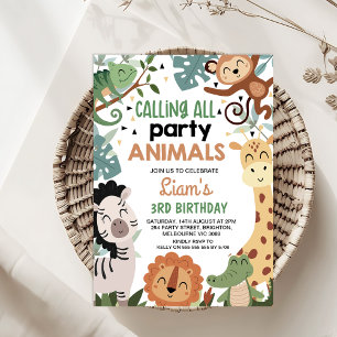 ボーイブラウングリーンコールすべてのパーティー動物誕生日 招待状