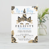 ボーイブラックブルー金ゴールドユニコーンベビーシャワー招待状 招待状 (スタンド正面)