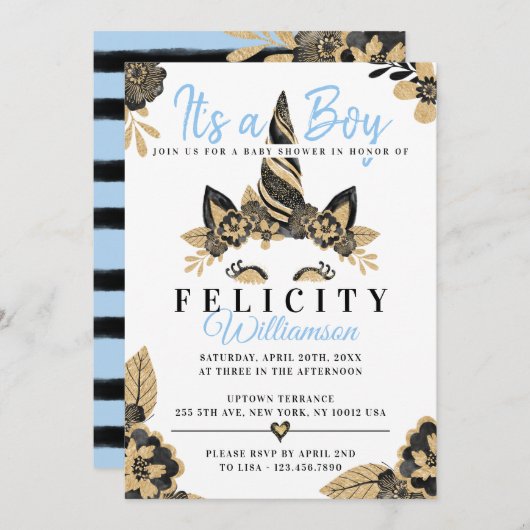 ボーイブラックブルー金ゴールドユニコーンベビーシャワー招待状 招待状 (正面/裏面)