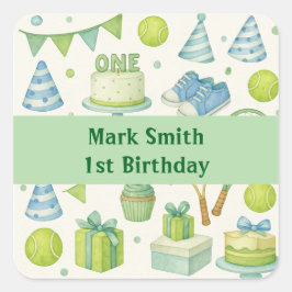 ボーイブルーとグリーンをテーマにしたテニス1st誕生日 スクエアシール