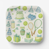 ボーイブルーとグリーンをテーマにしたテニス1st誕生日 ペーパープレート (正面)