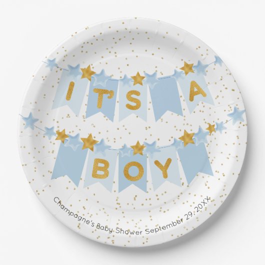 ボーイブルーのバンティングフラッグベビーシャワー ペーパープレート (正面)
