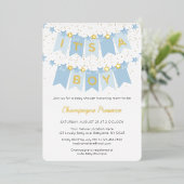 ボーイブルーのバンティングフラッグ写真ベビーシャワー 箔招待状 (立ち正面)