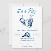 ボーイブルーのベビーシューズにキャップシンプルのモダン 招待状 (正面)