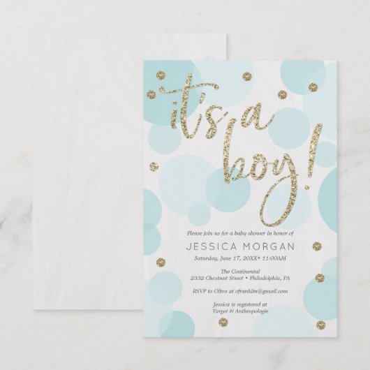 ボーイブルーの水玉模様ベビーシャワー招待状 招待状 (正面/裏面)