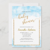ボーイブルーウォーター用ベビーシャワー金ゴールドグリッター 招待状 (正面)